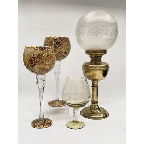 82 - A collection of costume jewellery, Victorian brass oil lamp with chimney and frosted glass shade, a ... 