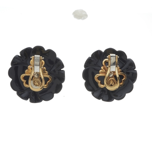 101 - Capello, a pair of 18ct gold carved onyx, sapphire, ruby and diamond flower earrings, estimated tota... 