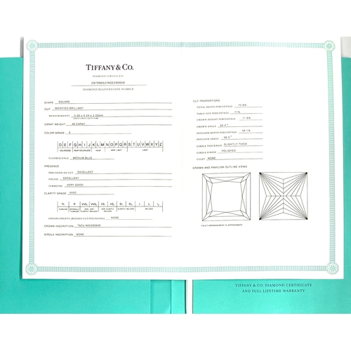 103 - Tiffany & Co., a platinum square-shape diamond single-stone ring, with report by Tiffany & Co., stat... 