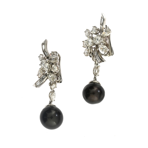 104 - A pair of grey cultured pearl and vari-cut diamond drop earrings, with brilliant-cut diamond cap, cu... 