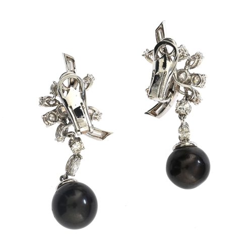 104 - A pair of grey cultured pearl and vari-cut diamond drop earrings, with brilliant-cut diamond cap, cu... 