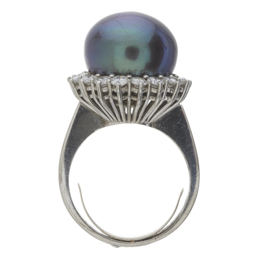 105 - A platinum grey cultured pearl and brilliant-cut diamond cluster ring, pearl measures approximately ... 