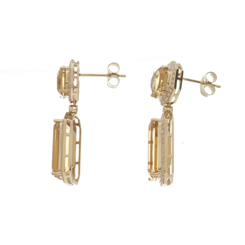 113 - A pair of 18ct gold citrine and brilliant-cut diamond drop earrings, with similarly-set octagonal su... 