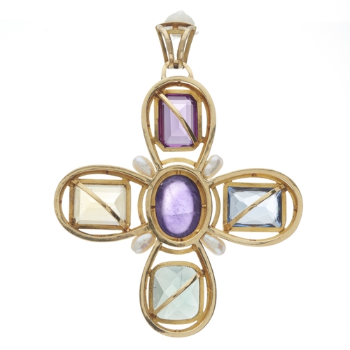 114 - A gold multi-gem Greek cross openwork pendant, with central amethyst cabochon detail and cultured pe... 