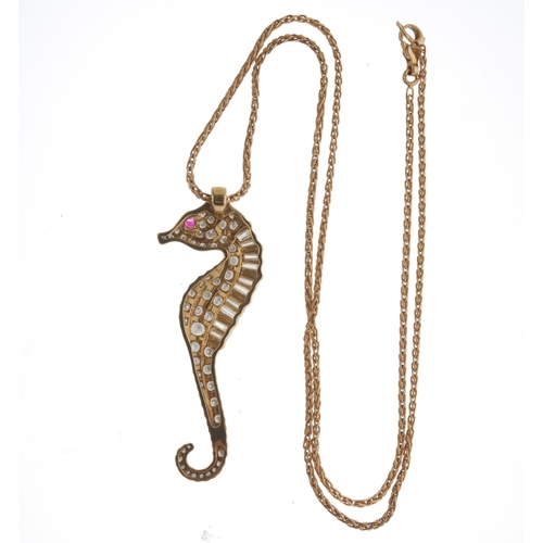 115 - Boodles, an 18ct gold brilliant-cut diamond and ruby seahorse pendant, with chain, maker's marks for... 