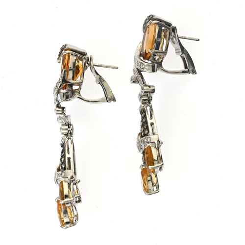 124 - A pair of 18ct gold citrine, diamond and brown diamond drop earrings, estimated total brown diamond ... 