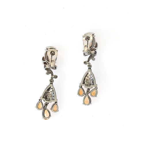 124 - A pair of 18ct gold citrine, diamond and brown diamond drop earrings, estimated total brown diamond ... 