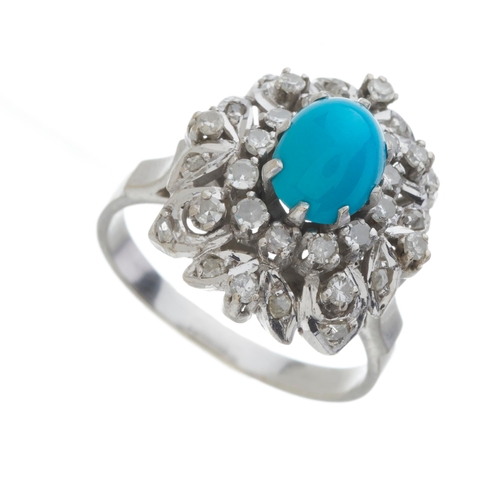 126 - A mid 20th century turquoise cabochon dress ring, with vari-cut diamond stepped surround, turquoise ... 