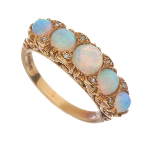 130 - A mid 20th century 18ct gold graduated opal cabochon dress ring, with single-cut diamond double spac... 