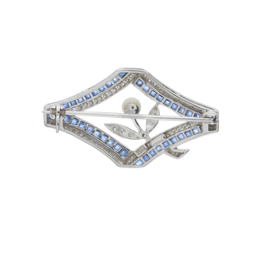 131 - An 18ct gold brilliant-cut diamond, calibre-cut sapphire and cultured pearl floral brooch, estimated... 