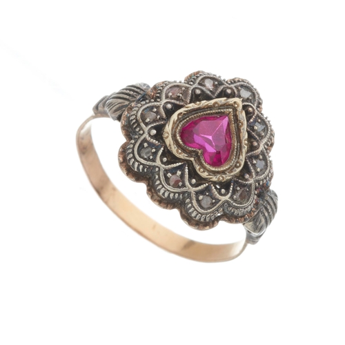 134 - A mid 20th century gold and silver, ruby and rose-cut diamond heart-shape dress ring, Portuguese mar... 