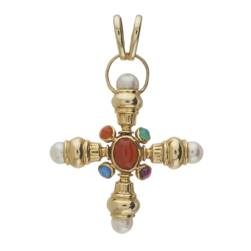 137 - A 14ct gold multi-gem cross pendant, gems to include carnelian, garnet, chrysoprase, sapphire and cu... 