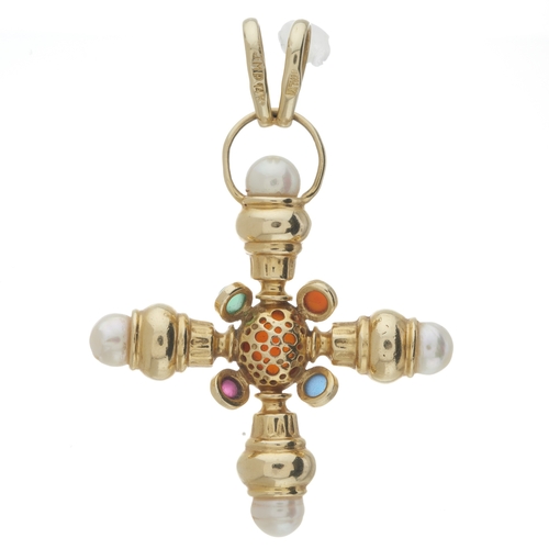 137 - A 14ct gold multi-gem cross pendant, gems to include carnelian, garnet, chrysoprase, sapphire and cu... 