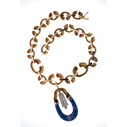 144 - An impressive 1970s 18ct bi-colour gold circular-cut diamond and lapis lazuli necklace, with alterna... 