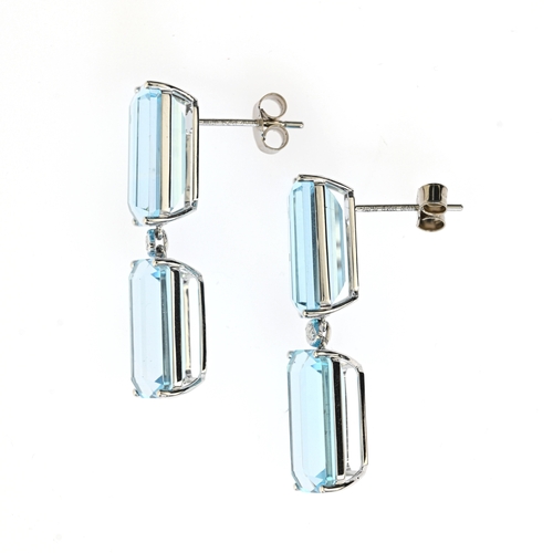 155 - A pair of 18ct gold blue topaz and diamond drop earrings, total blue topaz weight 30.40ct, total dia... 