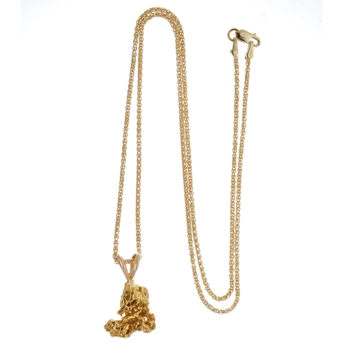 156 - A gold nugget pendant, suspended from a 14ct gold chain, chain stamped 14kt, length of pendant 2.3cm... 