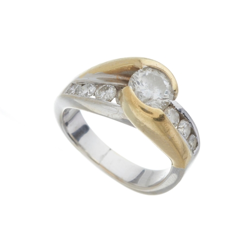 158 - A 14ct bi-colour gold brilliant-cut diamond crossover ring, atop a similarly-cut diamond accent band... 