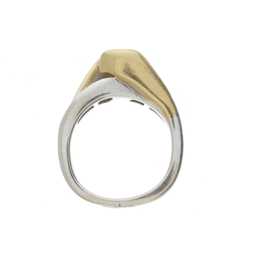 158 - A 14ct bi-colour gold brilliant-cut diamond crossover ring, atop a similarly-cut diamond accent band... 