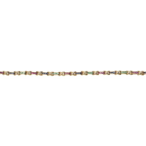 161 - An 18ct gold, ruby, sapphire, emerald and diamond bracelet, estimated total diamond weight 0.20ct, s... 