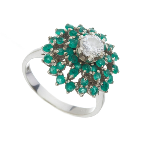 164 - An 18ct gold brilliant-cut diamond and emerald cluster dress ring, diamond estimated weight 0.45ct, ... 