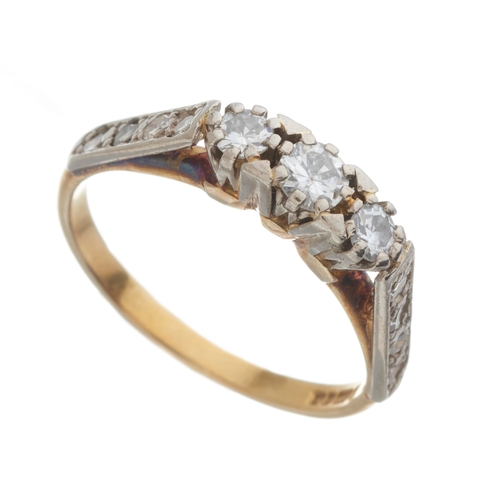 169 - An 18ct gold brilliant-cut diamond three-stone ring, with single-cut diamond sides, estimated total ... 