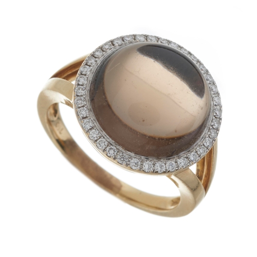 177 - An 18ct gold smoky quartz cabochon and brilliant-cut diamond cluster ring, smoky quartz estimated we... 