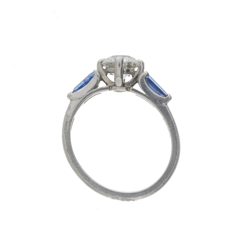 179 - A platinum brilliant-cut diamond single-stone ring, with rectangular-shape sapphire shoulders, diamo... 