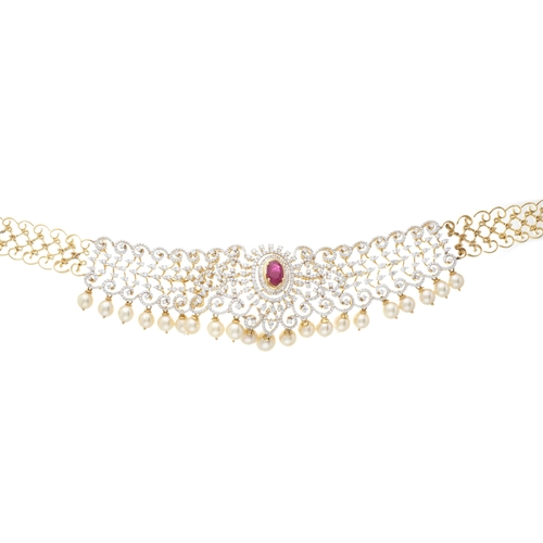 184 - An 18ct gold ruby, brilliant-cut diamond and cultured pearl choker necklace, estimated total diamond... 