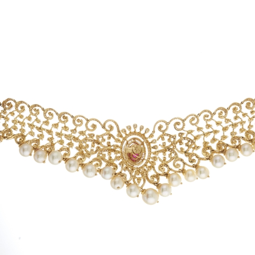 184 - An 18ct gold ruby, brilliant-cut diamond and cultured pearl choker necklace, estimated total diamond... 