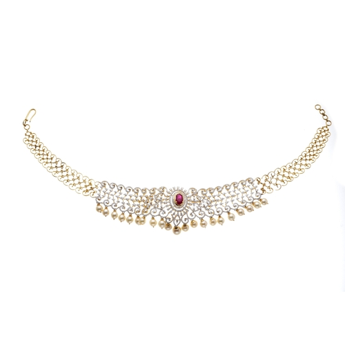 184 - An 18ct gold ruby, brilliant-cut diamond and cultured pearl choker necklace, estimated total diamond... 