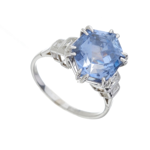 185 - An impressive Sri Lankan hexagonal-shape sapphire dress ring, with rectangular-shape diamond stepped... 