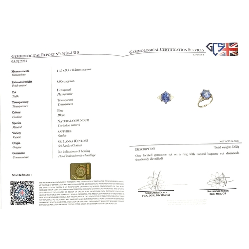 185 - An impressive Sri Lankan hexagonal-shape sapphire dress ring, with rectangular-shape diamond stepped... 