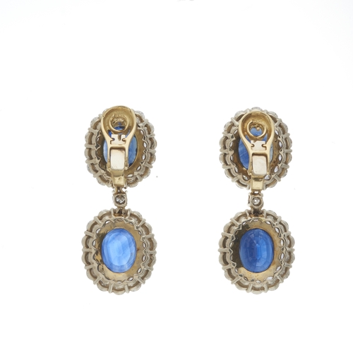 186 - An impressive pair of sapphire and diamond cluster drop earrings, with similarly-designed surmount a... 