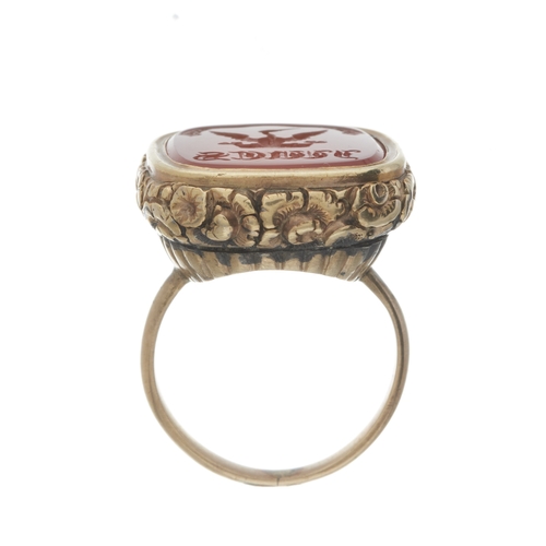 19 - Three 19th century gem-set fobs, one converted into a ring, gems to include carnelian, amethyst and ... 