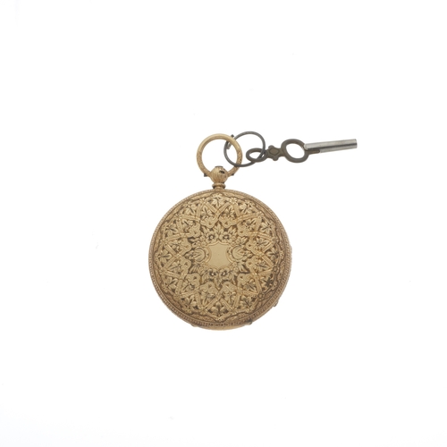 190 - A late Victorian 18ct gold open face pocket watch, AF, with floral engraved reverse and dial, key wo... 