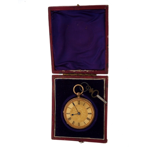 190 - A late Victorian 18ct gold open face pocket watch, AF, with floral engraved reverse and dial, key wo... 