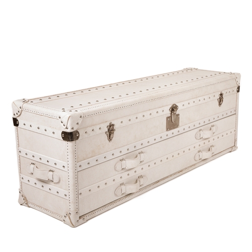 222 - Bond Street London, a contemporary white leather chest, featuring chrome metal hardware, wooden slat... 