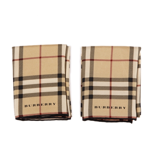 229 - Burberry, two Nova Check silk handkerchiefs, with hand-rolled edges, measuring 47 by 47cm, with make... 