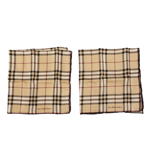 229 - Burberry, two Nova Check silk handkerchiefs, with hand-rolled edges, measuring 47 by 47cm, with make... 