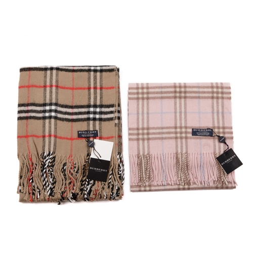 237 - Burberry, a Nova Check lambswool shawl and scarf, to include a beige shawl and a baby pink scarf, bo... 