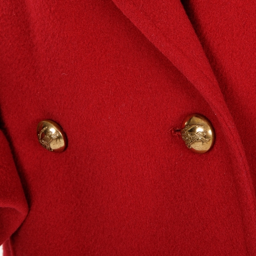 243 - Burberry, a ladies red wool camelhair coat, featuring a notched lapel collar, gold-tone double-breas... 