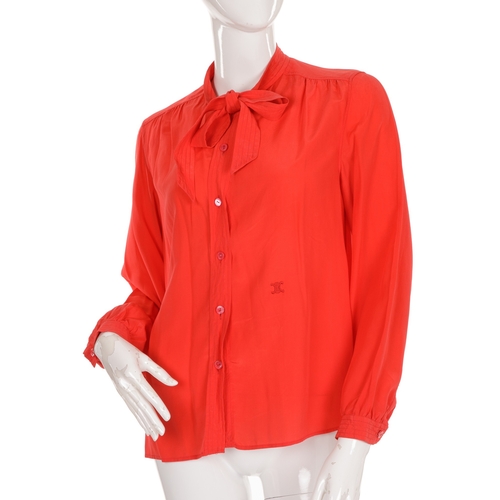 250 - Celine, a vintage blouse and summer dress, the red silk blouse featuring a neck tie and front button... 