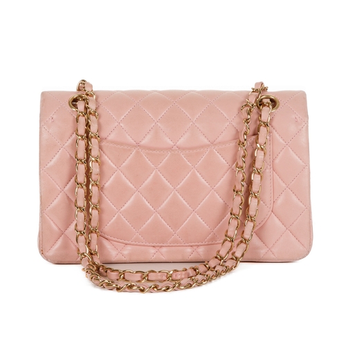 254 - Chanel, a pink Small Classic Double Flap handbag, designed with a pink diamond quilted lambskin leat... 