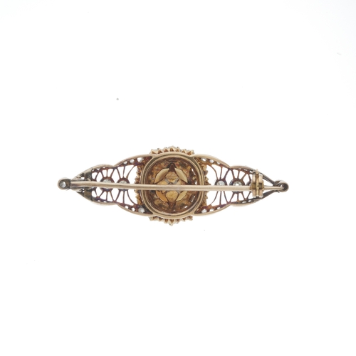 27 - A Belle Epoque gold natural pearl and old and rose-cut diamond openwork brooch, verbal from GCS stat... 