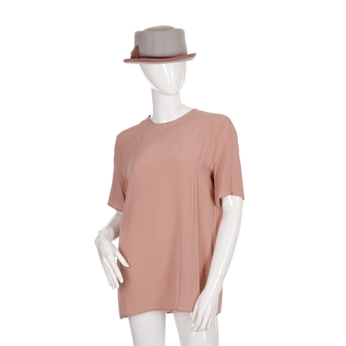 282 - Emporio Armani, two silk blouses and two hats, to include matching pale blue and baby pink short-sle... 