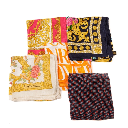 285 - Enrico Coveri, five silk scarves, in a variety of colours and designs, to include three floral baroq... 