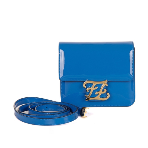 288 - Fendi, a Karligraphy patent leather handbag, designed with a blue patent leather exterior, with poli... 