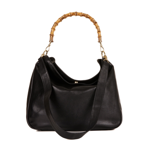 296 - Gucci, a large black leather Bamboo Handle handbag, crafted from smooth black leather, featuring a r... 