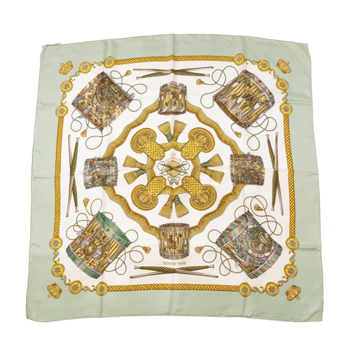 322 - Hermes, a Les Tambours silk scarf, designed by Joachim Metz, first issued in 1989, depicting drums u... 