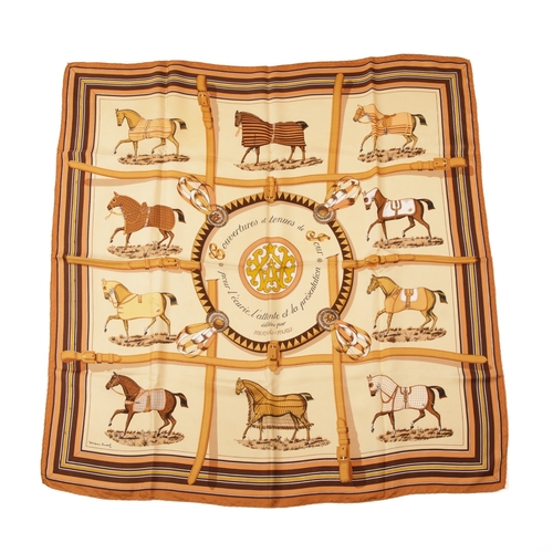 324 - Hermes, a Couvertures Et Tenues De Jour silk scarf, designed by Jacques Eudel in 1974, featuring an ... 